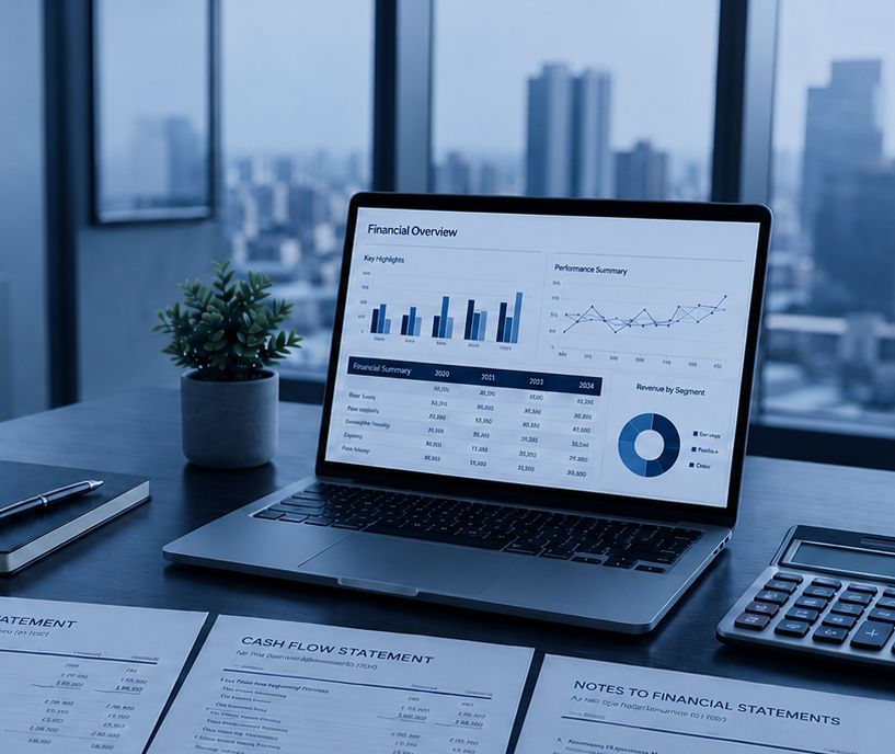 Laptop displaying financial reports and statements on a desk
